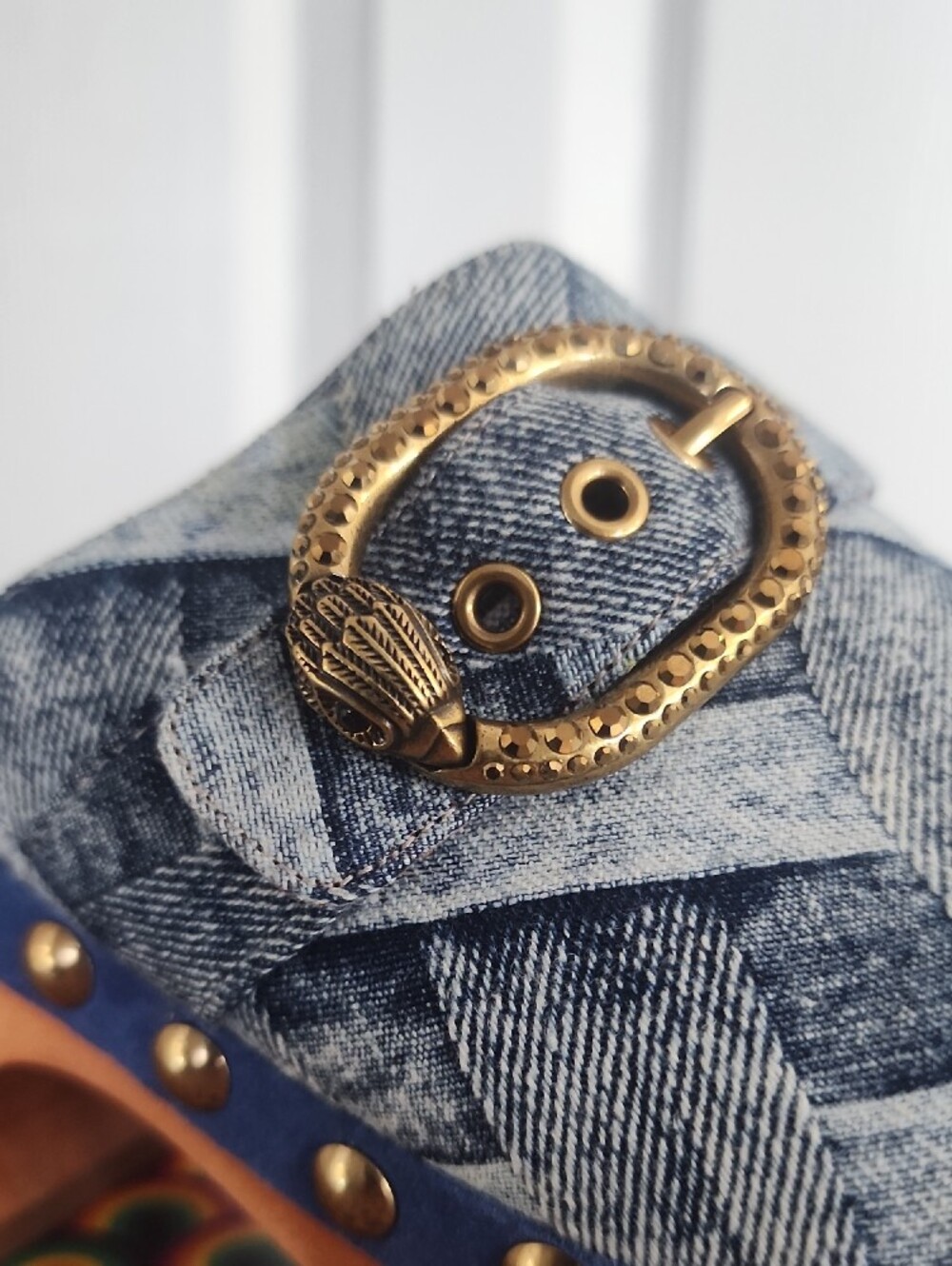 Kurt Geiger Denim-Patterned Clog with Gold Buckle - Picture 3 of 9